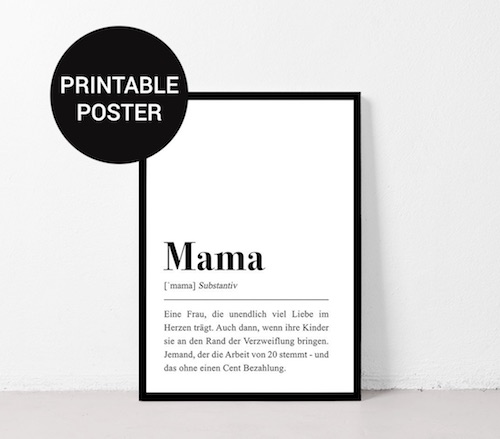 Typographisches schwarz/weiß Poster mit der Definition des Wortes Mama