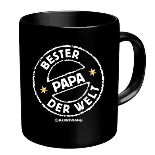 Schwarze Tasse mit weißer Aufschrift im Stempel-Design "Bester Papa der Welt"