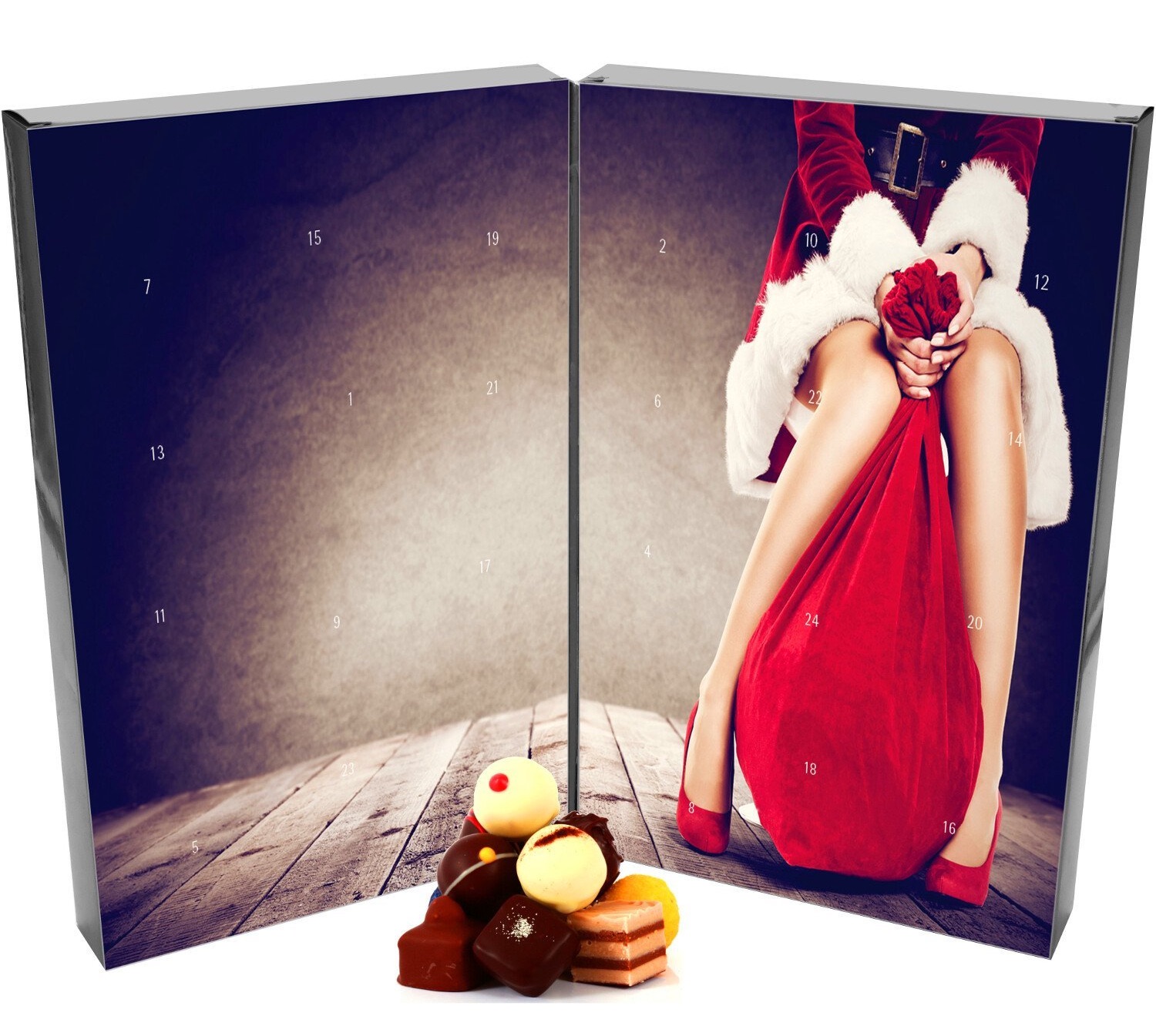 Adventskalender für Männer: Pralinen Adventskalender mit Mrs. Santa Motiv