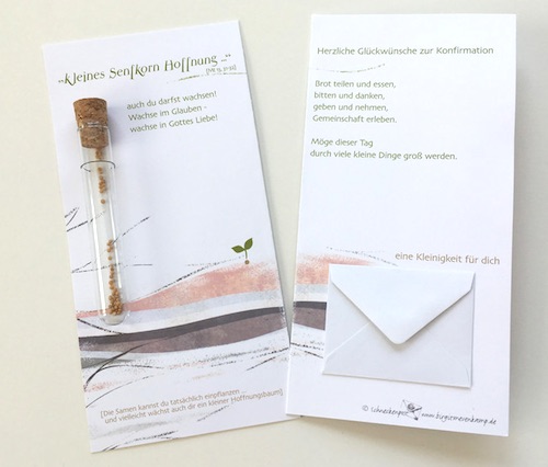 Verpackung für Geldgeschenk zur Konfirmation: Flaschenpost "Kleines Senfkorn Hoffnung"