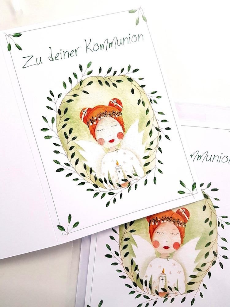 Beispiel: Kommunionkarte mit Schutzengel-Illustration Beispiel: Kommunionkarte mit Schutzengel-Illustration